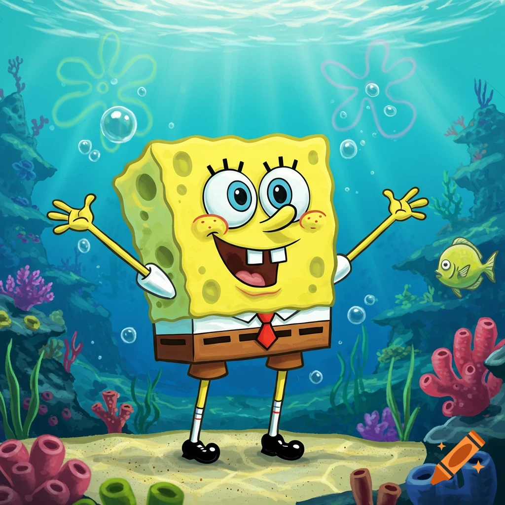 SpongeBob SquarePants stands underwater with arms outstretched, surrounded by coral and marine life, in a vibrant cartoon style.
