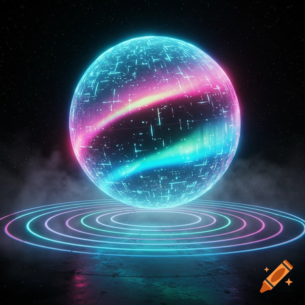 A vibrant, futuristic glowing sphere with circuit patterns in pink, blue, and green, above neon rings on a dark surface.