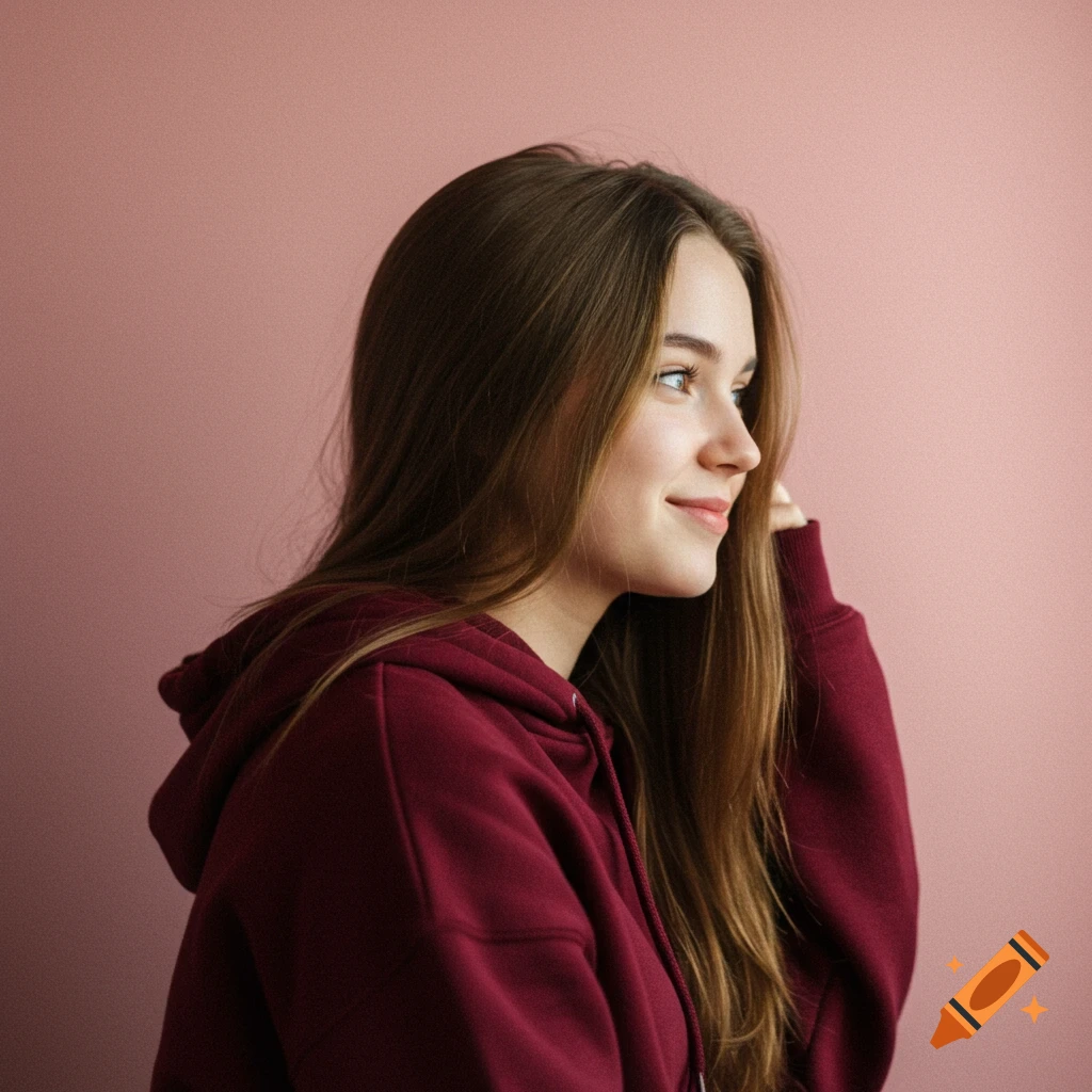 A young woman in a maroon hoodie with long brown hair looks to the side with a gentle smile against a pink background.