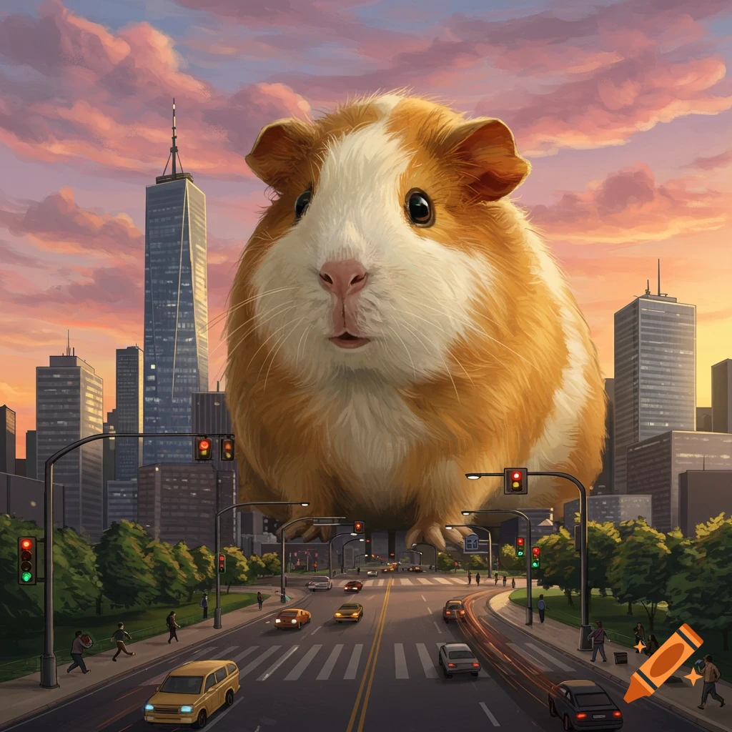 A colossal guinea pig stands in the middle of a city street at sunset, towering over buildings and cars.