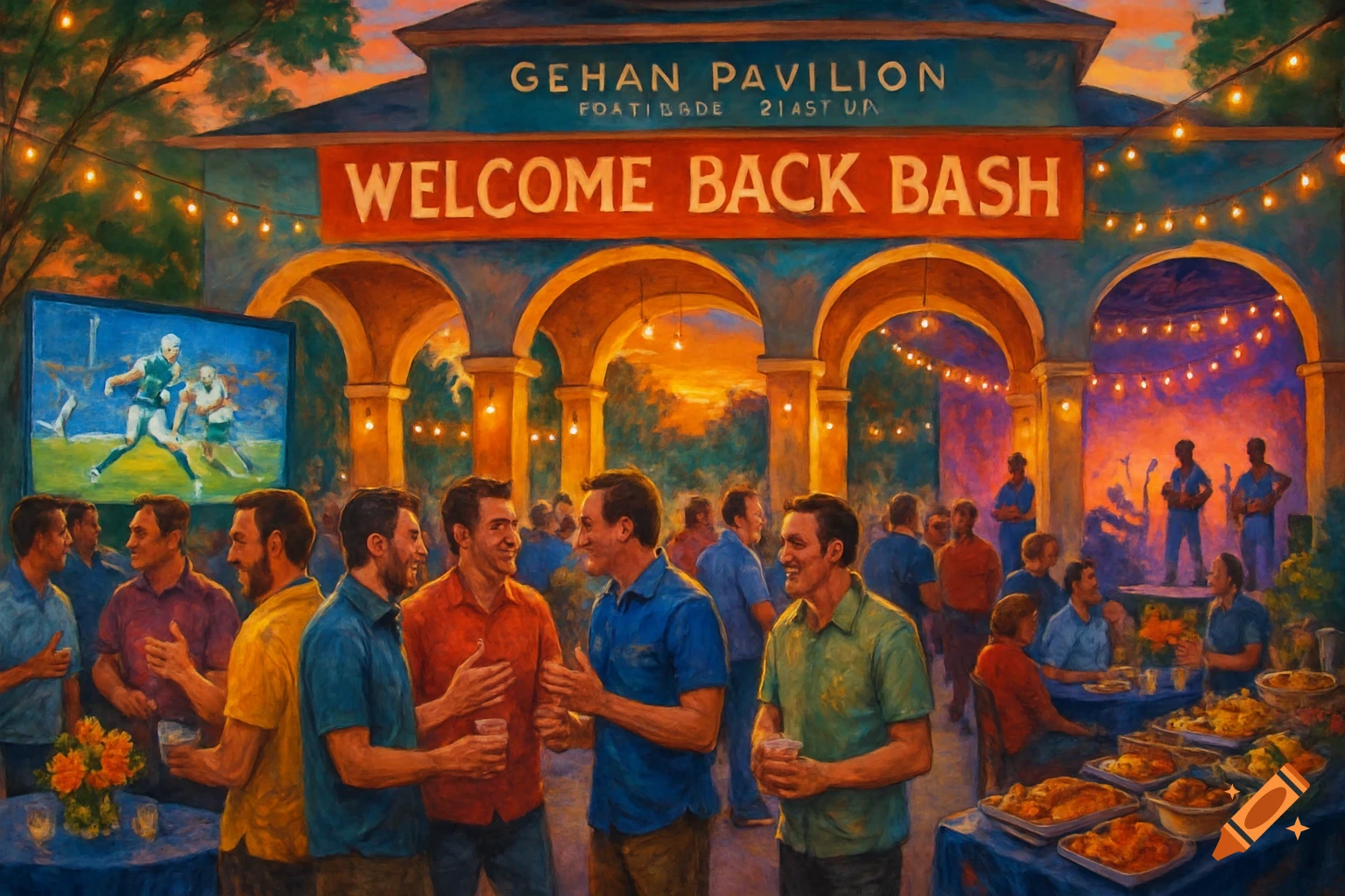 A painterly scene of a lively outdoor party at sunset, with men socializing, food on tables, an NFL game on a large screen, and live music. A banner reads "WELCOME BACK BASH" and "GEHAN PAVILION."