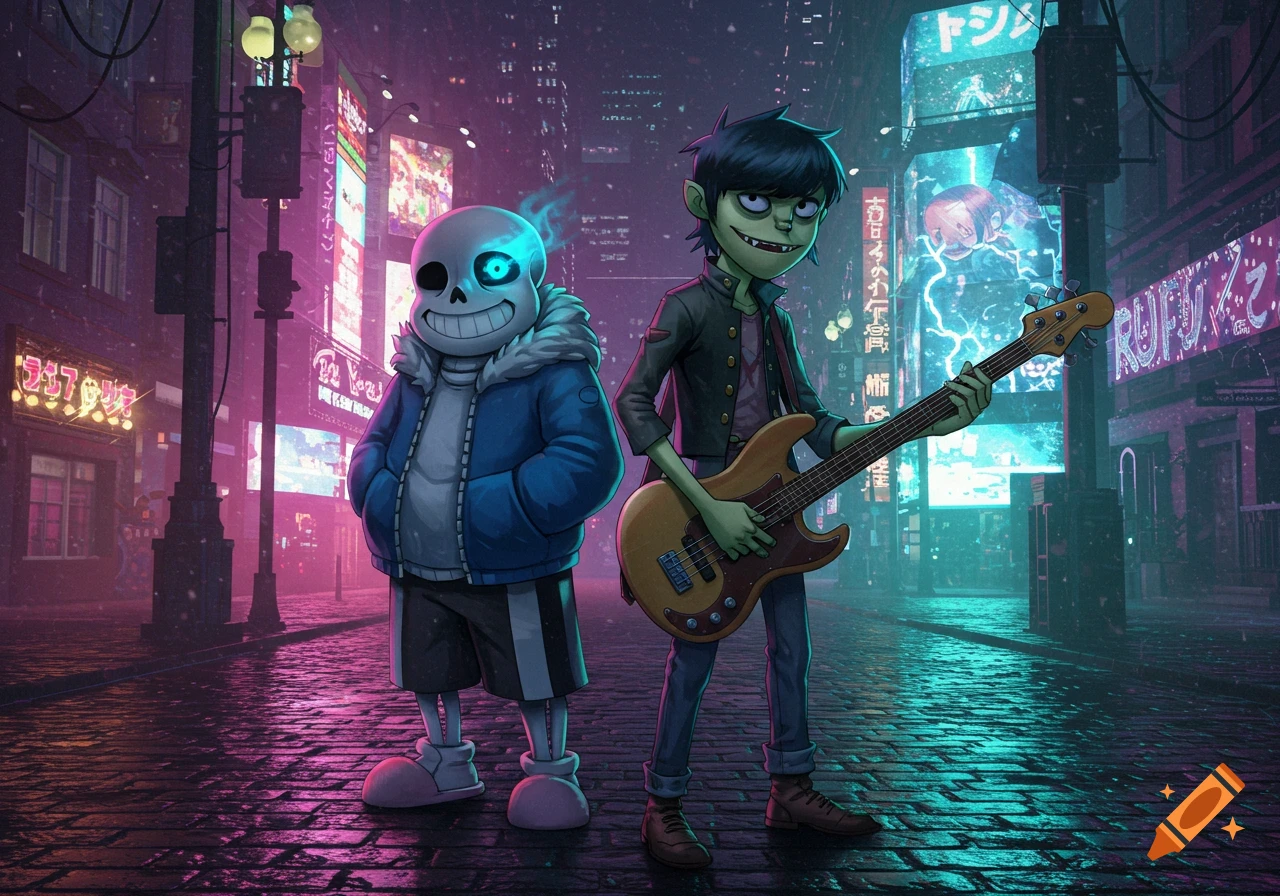 Sans from Undertale and Murdoc from Gorillaz stand on a neon-lit cyberpunk city street, Murdoc holding a bass guitar.