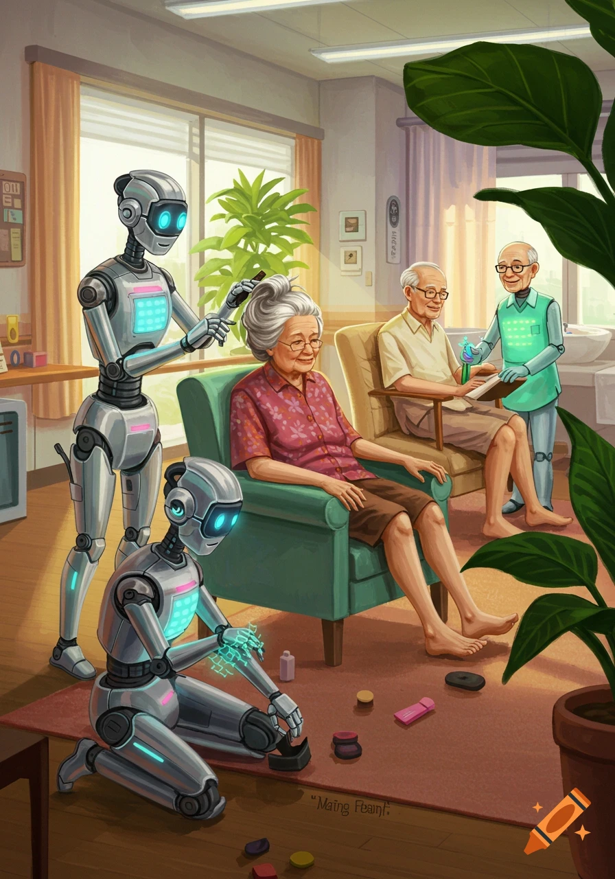 Colorful illustration of robots caring for elderly residents in an assisted living facility, styling hair and giving a massage.