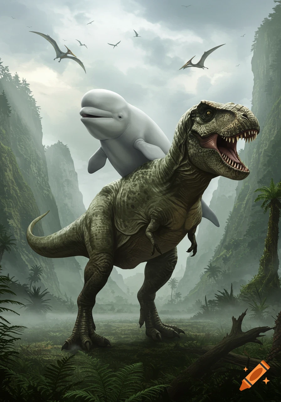 A beluga whale rides on the back of a large T-rex in a misty, lush jungle with pterodactyls flying in the sky.