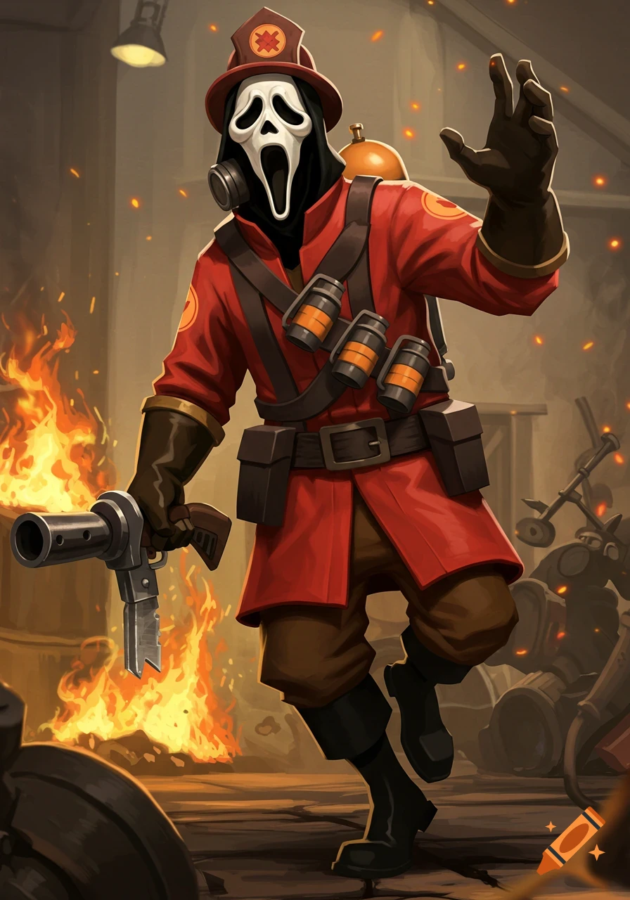 A stylized character, a crossover of Ghostface from Scream and Pyro from Team Fortress 2, stands in a fiery industrial setting, holding a flamethrower and raising a gloved hand.
