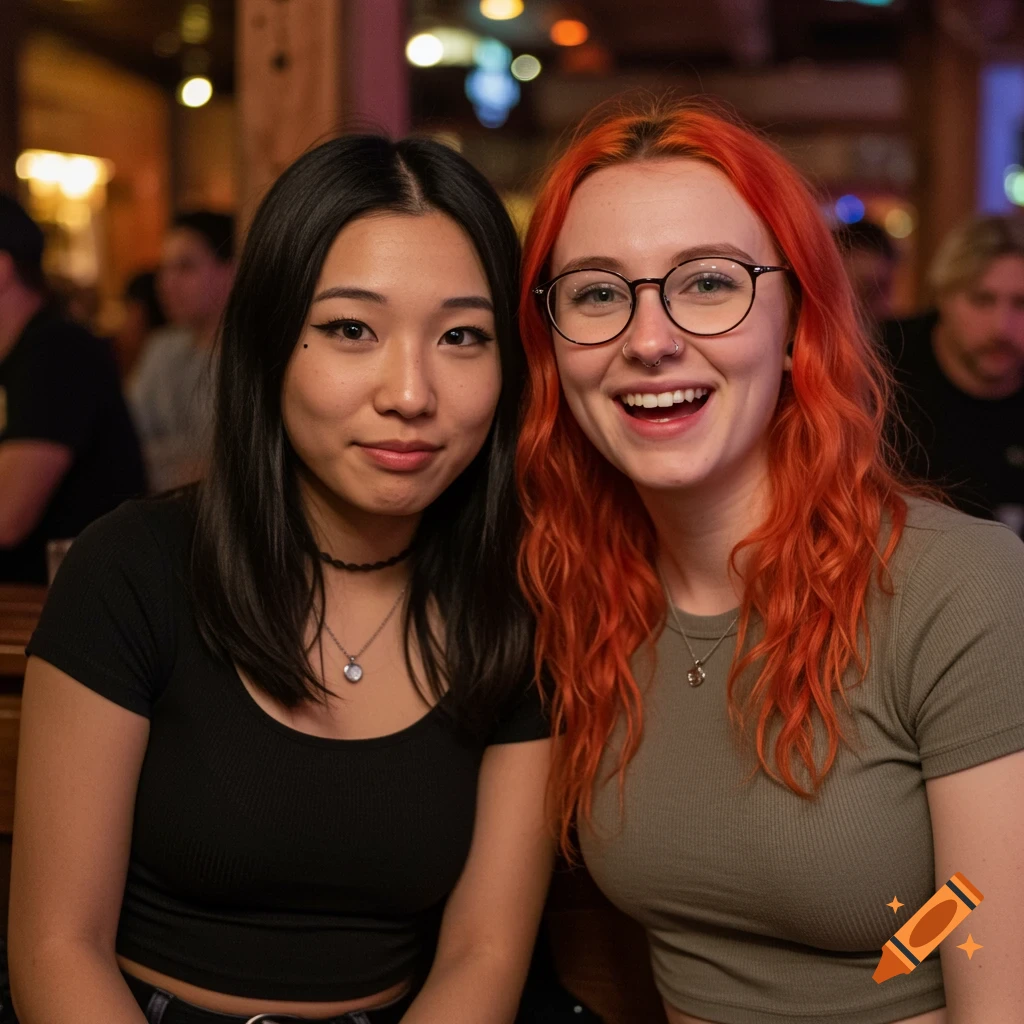 Two smiling young women, one with dark hair and one with orange hair, pose for a photorealistic portrait in a dimly lit bar.