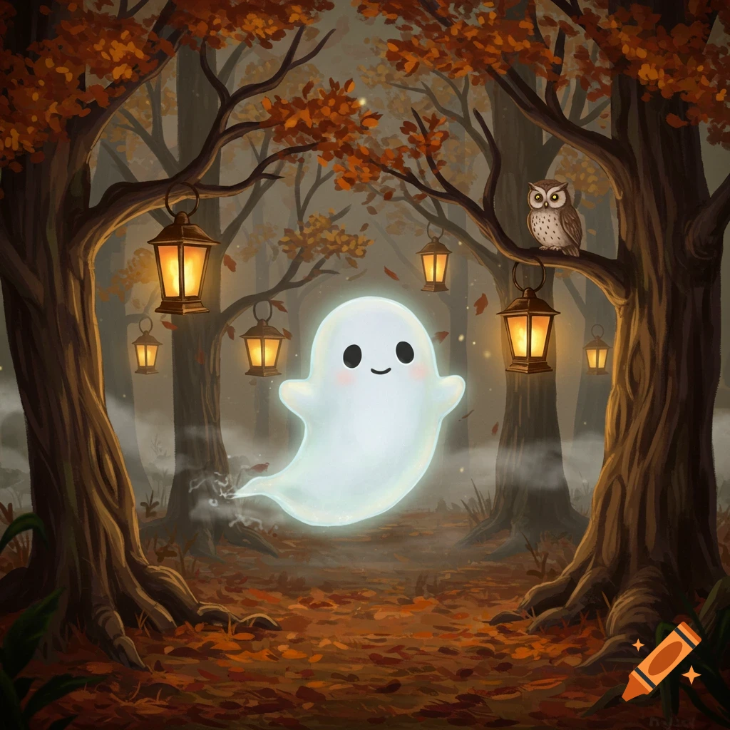 A cute, smiling white ghost floats through an autumn forest with glowing lanterns and an owl on a branch, in an illustrated style.