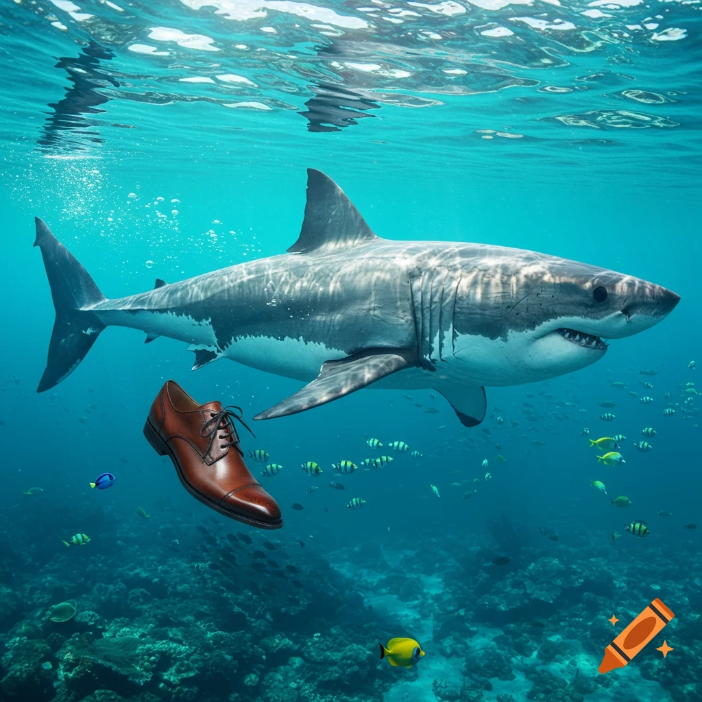 A photorealistic image of a great white shark swimming underwater near a brown leather oxford shoe floating in a coral reef with small fish.
