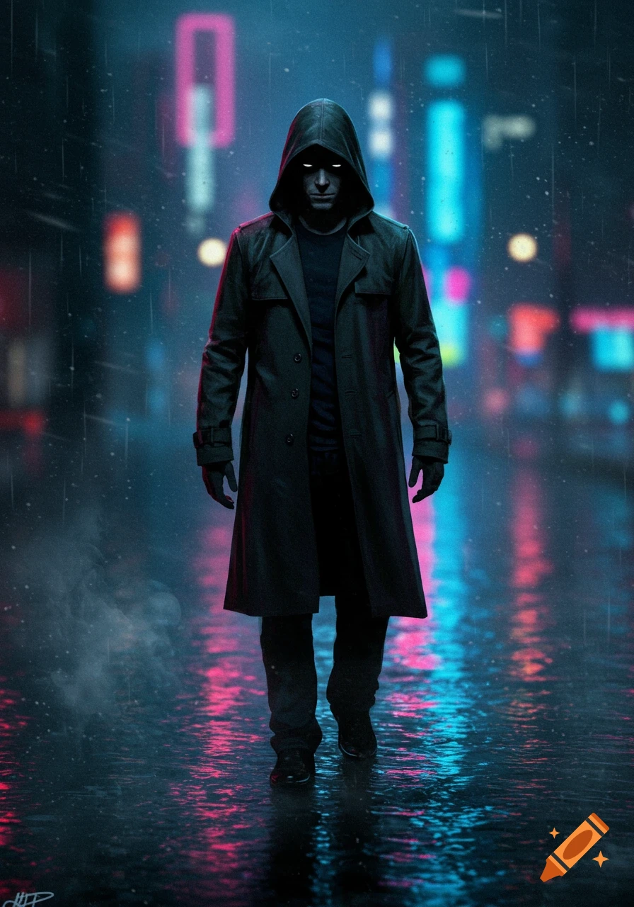 A mysterious hooded figure with glowing white eyes stands in a rainy, neon-lit cyberpunk city street, facing forward.