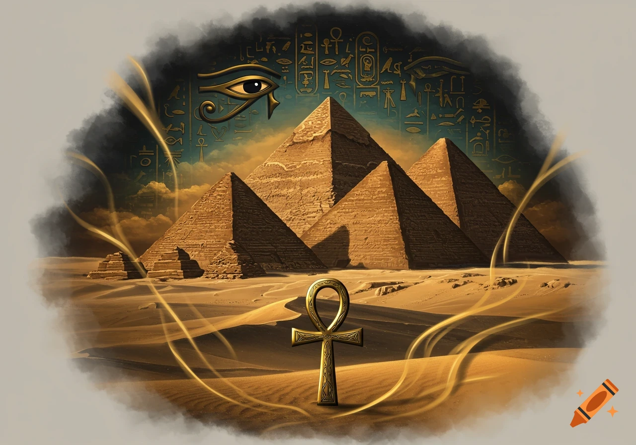 Stylized depiction of Egyptian pyramids and an ankh in the desert, with the Eye of Horus and hieroglyphs in the sky.