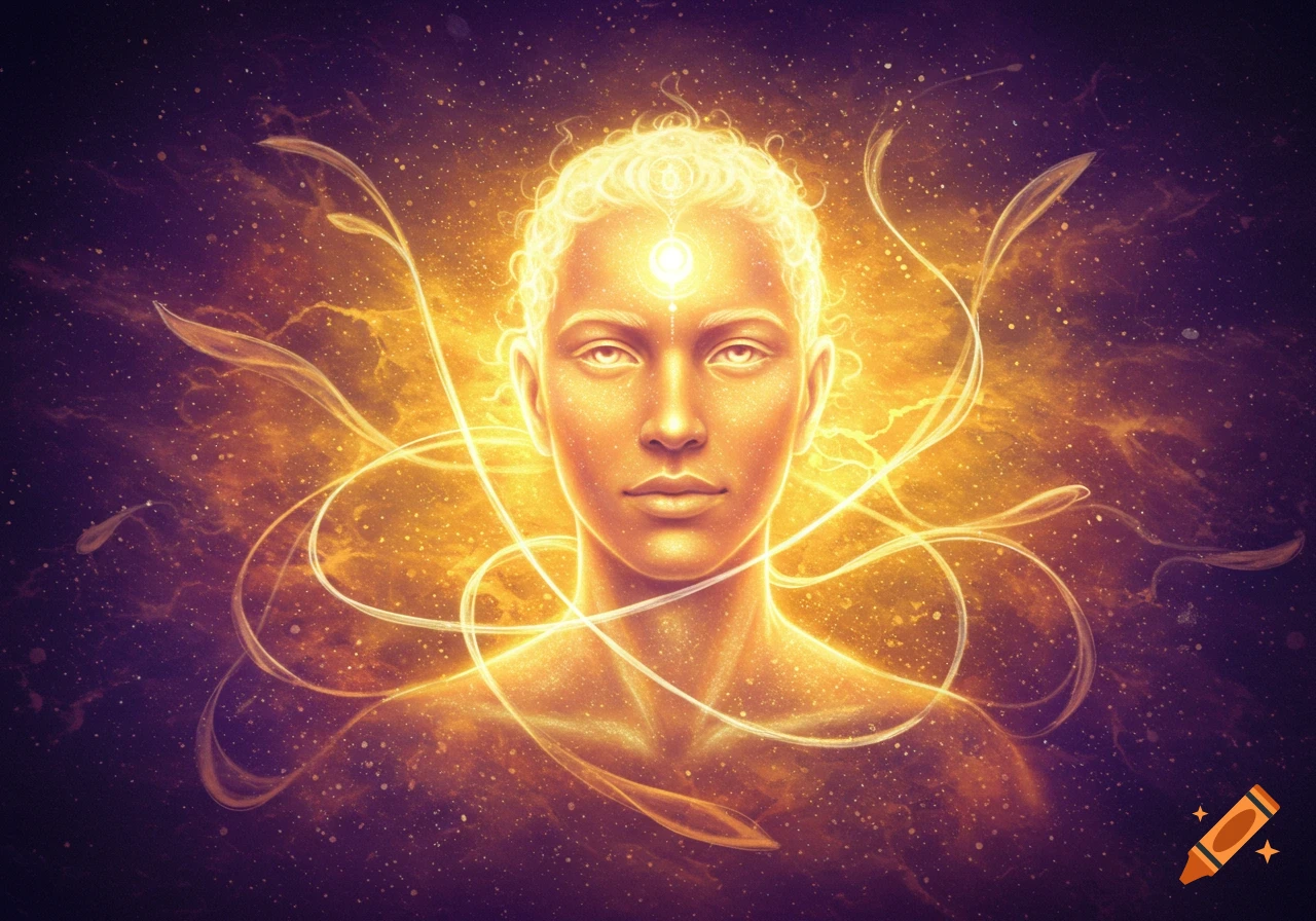 An ethereal, glowing figure with a third eye symbol on its forehead, surrounded by swirling light against a cosmic, starry golden nebula background.
