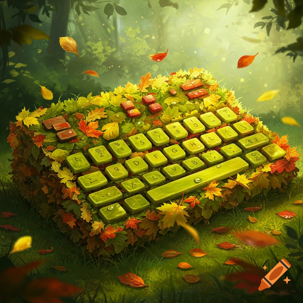 A vibrant green keyboard made of leaves sits in a lush forest clearing with autumn leaves falling around it.