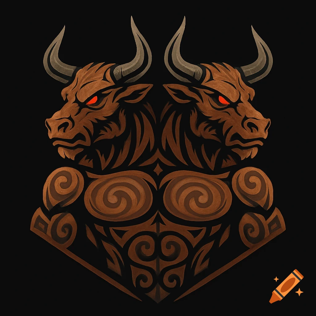 A two-headed minotaur logo with red eyes and tribal-style patterns in brown and black.