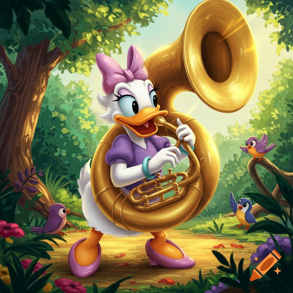 Daisy Duck plays a large golden sousaphone in a vibrant, lush cartoon forest, with small birds observing.