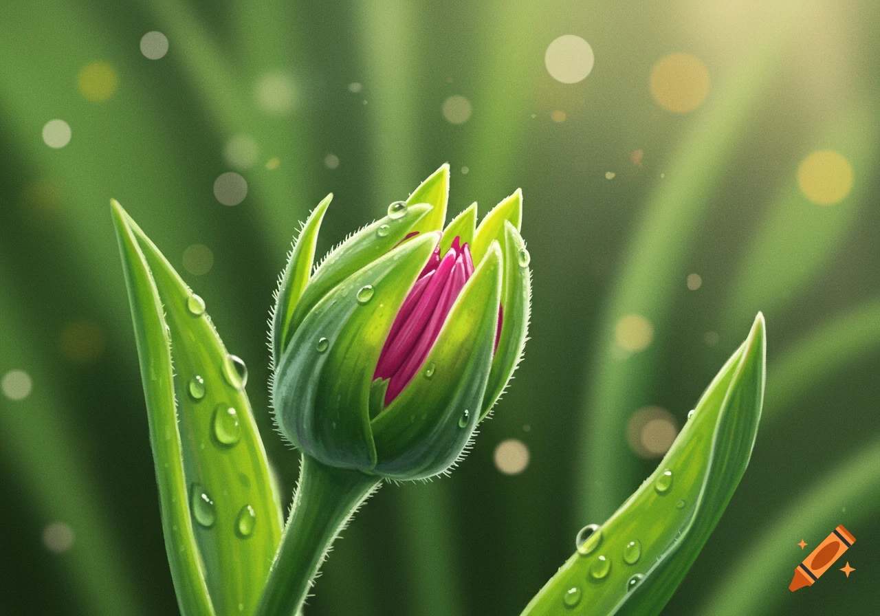 Close-up of a vibrant pink flower bud emerging from green leaves, covered in sparkling water droplets, against a soft green bokeh background.