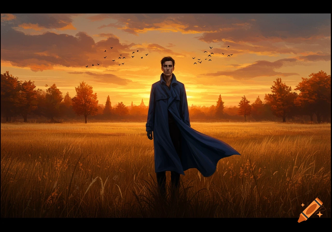 A man in a long, dark blue coat stands in a golden field under an orange sunset, with birds flying in the sky.