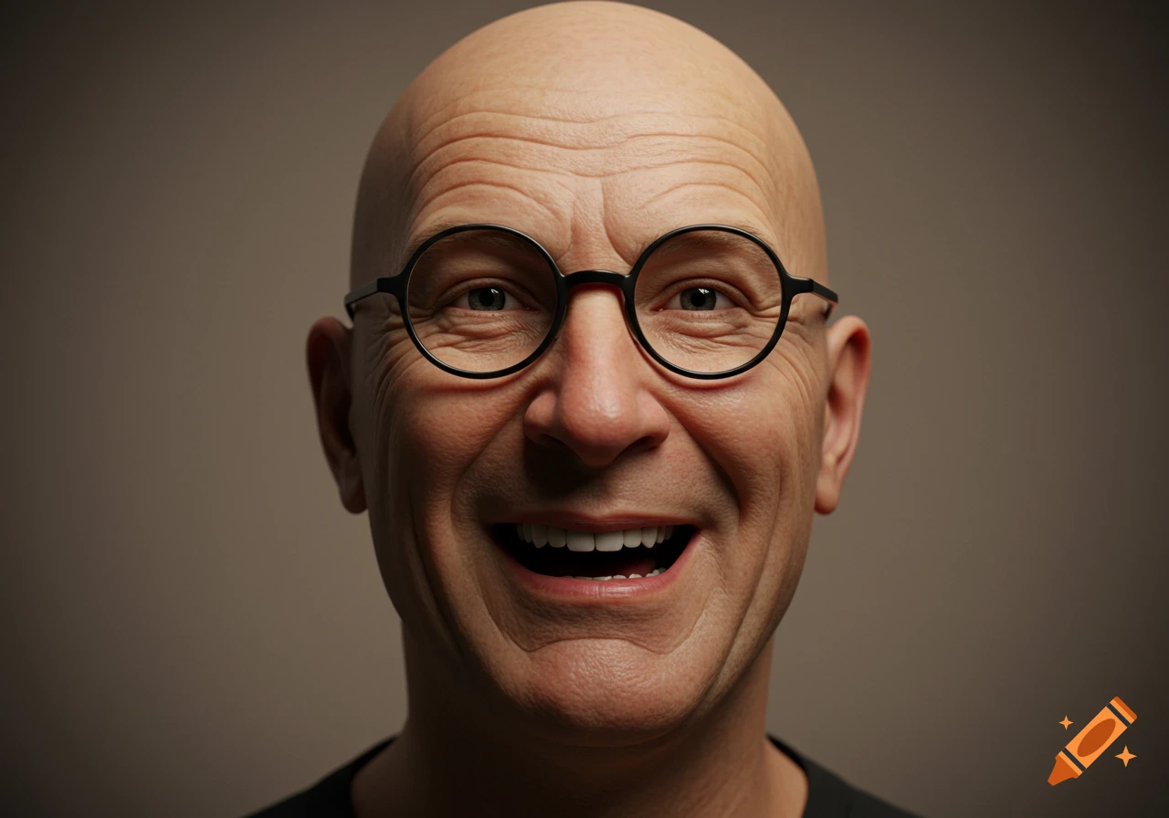 Close-up photorealistic portrait of a bald man with round glasses, laughing with his mouth open.