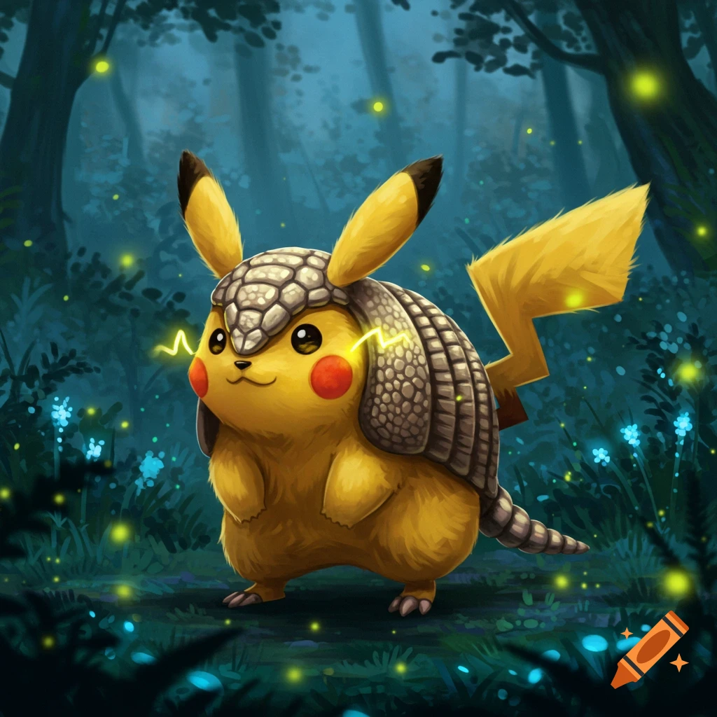 A yellow Pikachu with an armadillo shell stands in a dark, glowing forest with lightning near its cheeks, in a digital illustration.