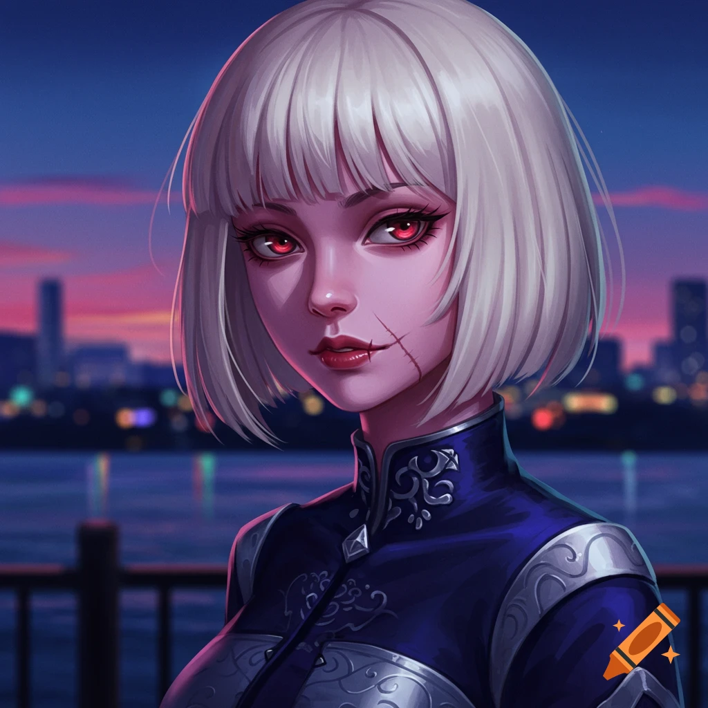 A digital illustration of an anime girl with short blonde hair, red eyes, and a scar on her lip, standing in front of a city skyline at dusk.