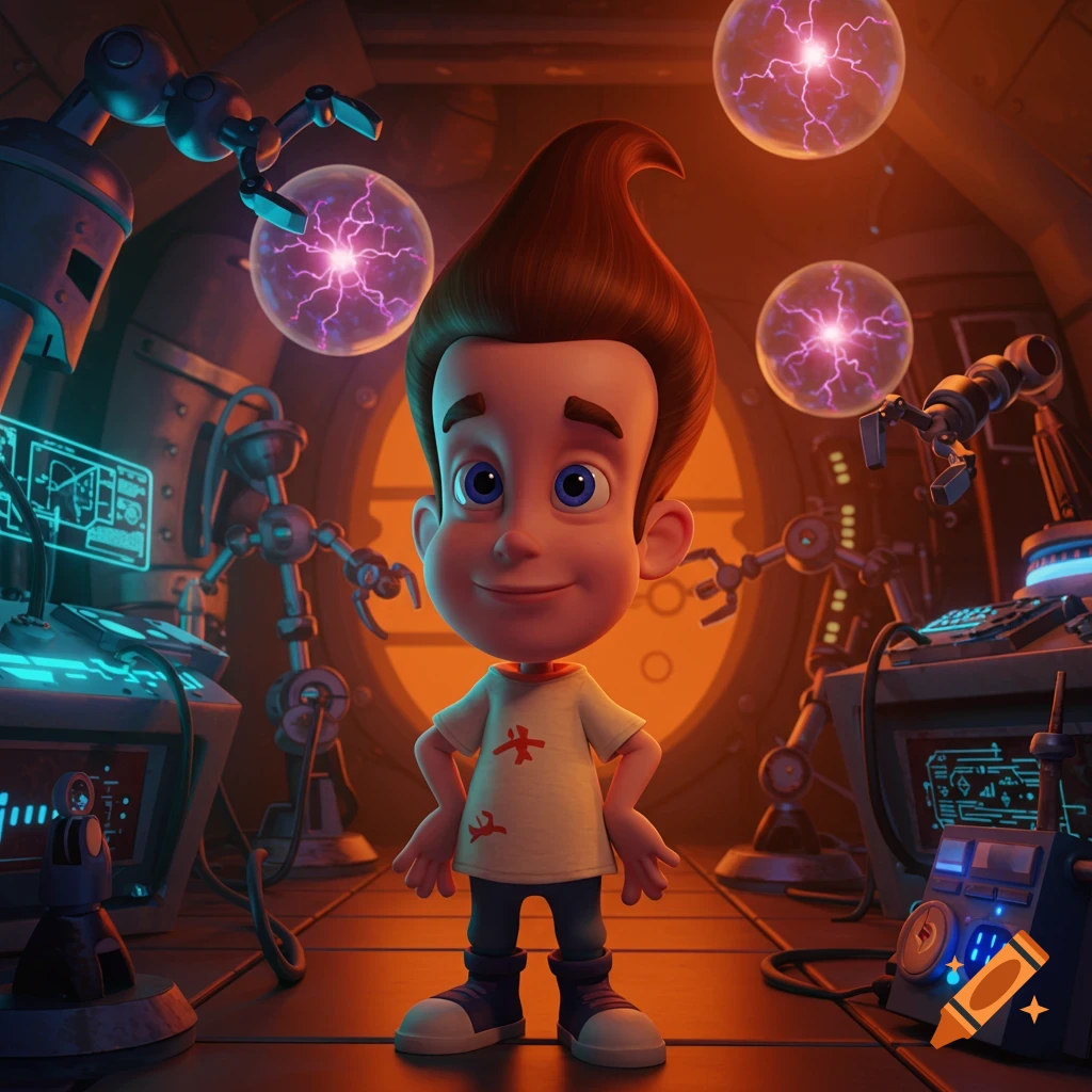 Jimmy Neutron stands smiling in his futuristic laboratory, surrounded by glowing plasma orbs and robotic arms.