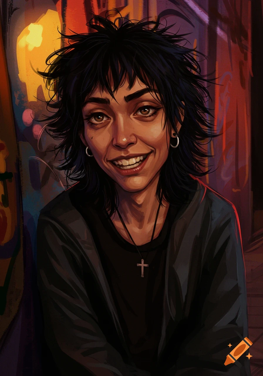 Digital art portrait of a woman with messy black hair and eye bags, smiling mischievously against a colorful graffiti wall.