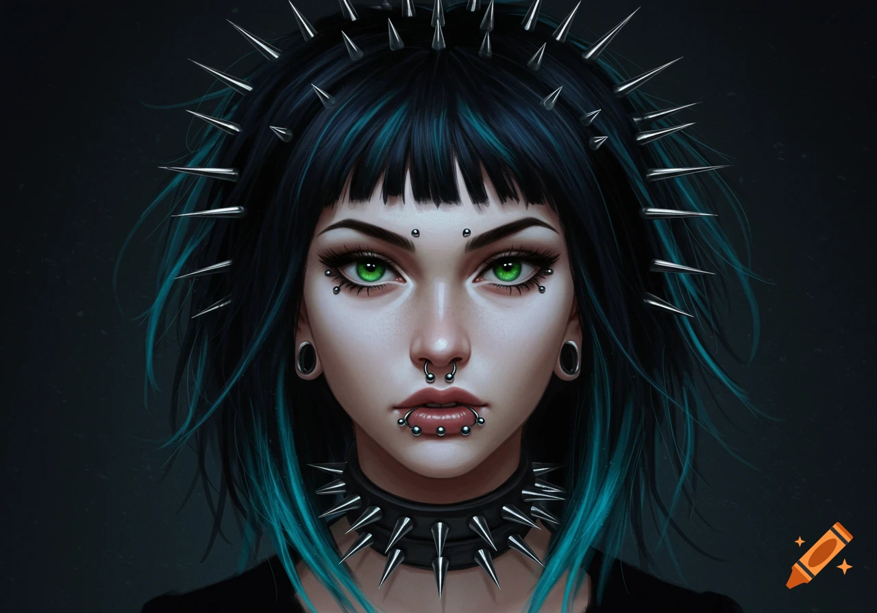 A stylized portrait of a woman with dark hair and blue streaks, bright green eyes, numerous facial piercings, a spiked choker, and a spiked headpiece.