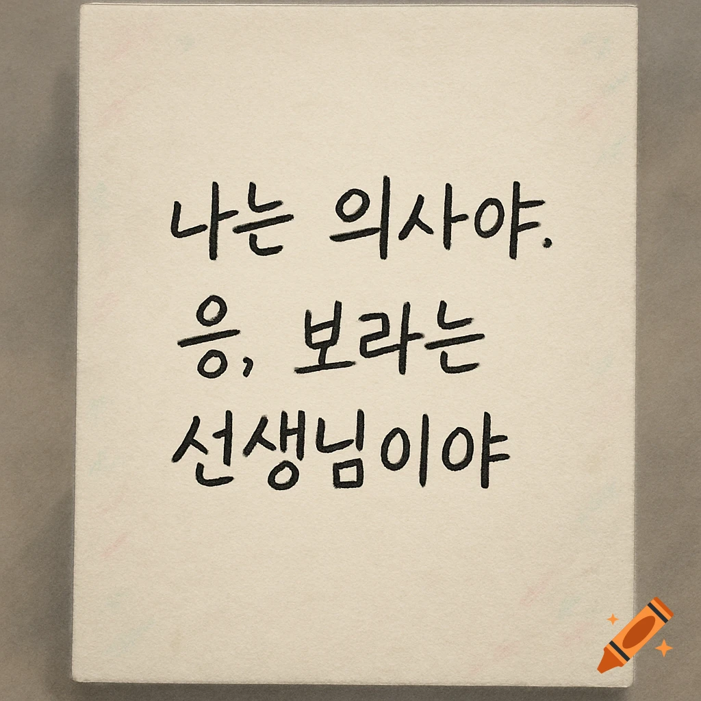 Korean handwriting on a beige background saying 'I am a doctor, yes, Bora is a teacher.'