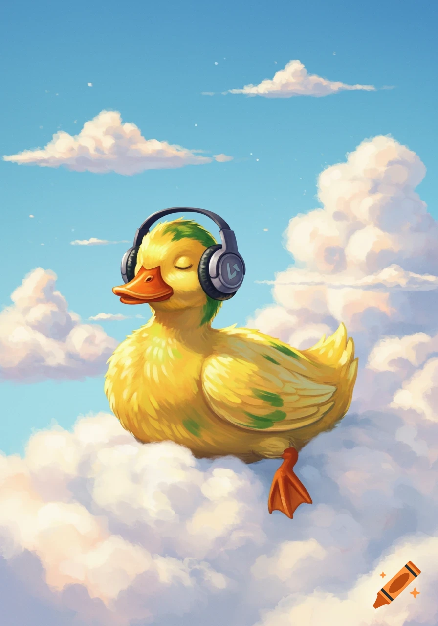 A cartoon yellow duck wearing headphones relaxes on a fluffy white cloud in a blue sky.
