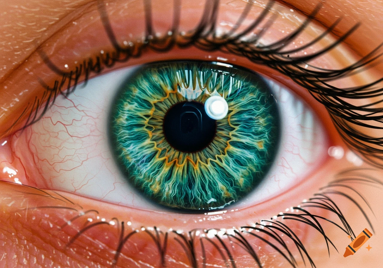 A photorealistic macro close-up of a human eye with a vibrant green and yellow iris and visible red veins.