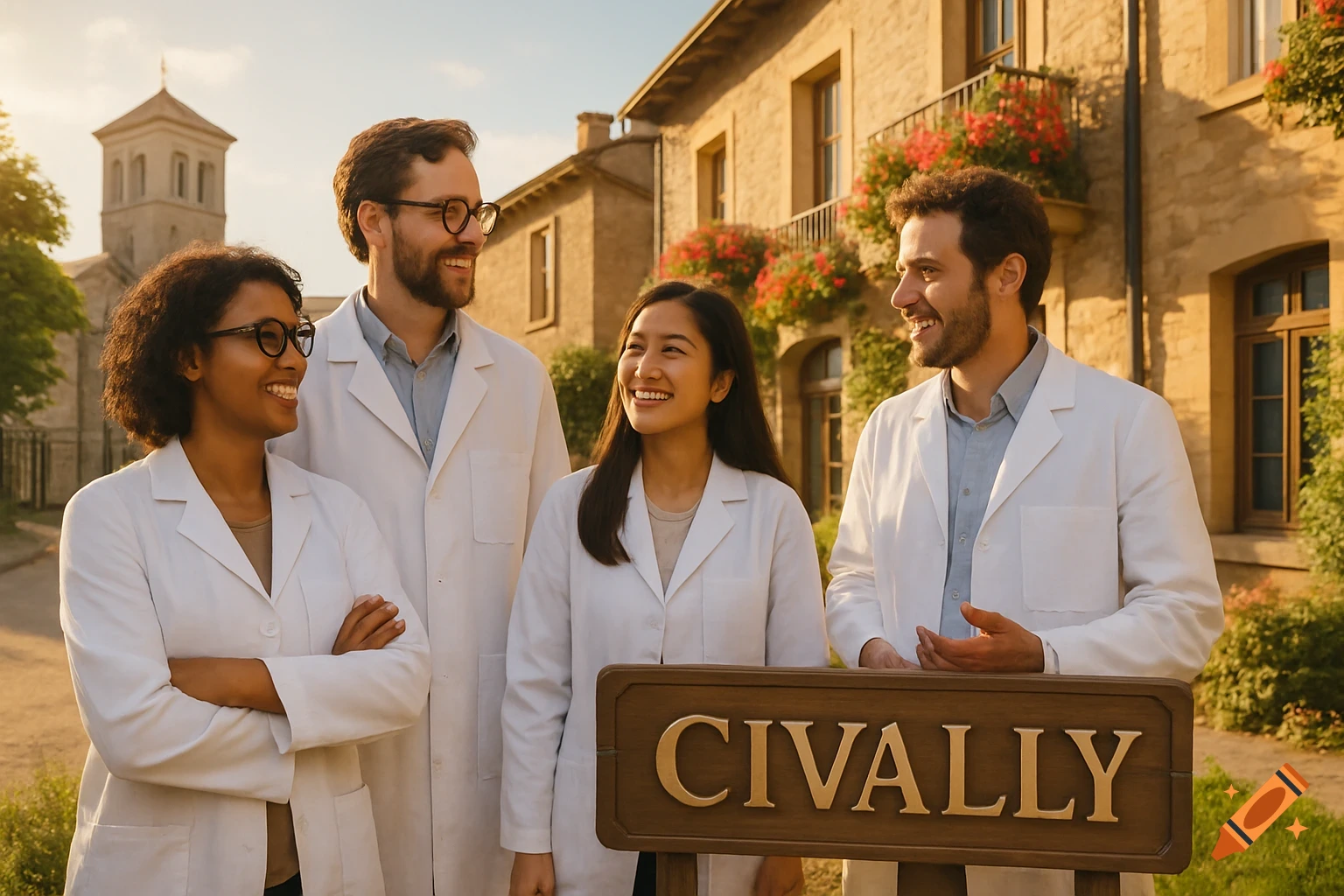 Four smiling professionals in white lab coats stand outdoors in front of a historic stone building with a 'CIVALLY' sign.