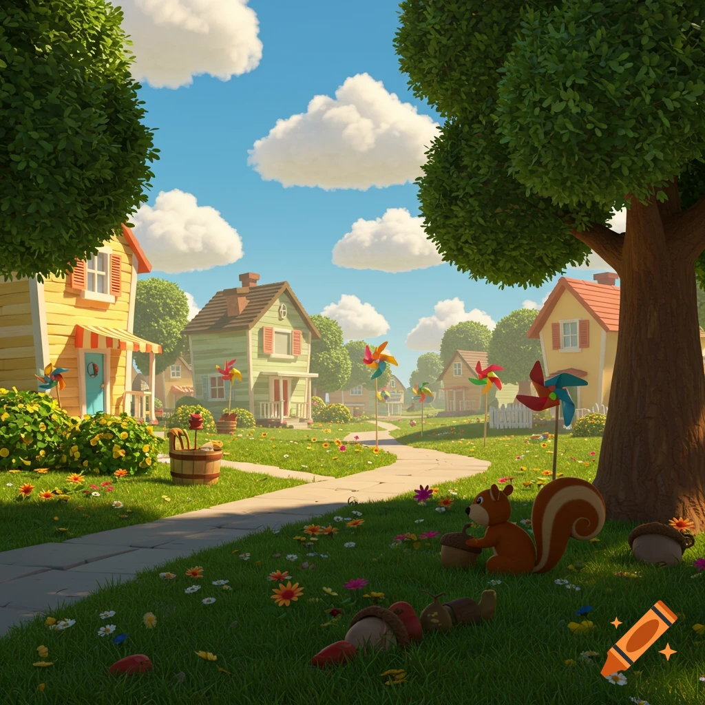 A sunny 3D cartoon neighborhood with colorful houses, green trees, flowers, and a squirrel holding an acorn.