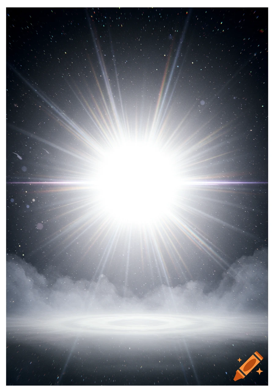 A brilliant white light bursts from the center, radiating bright rays against a dark, starry background with misty clouds and ripples on a glowing surface below.