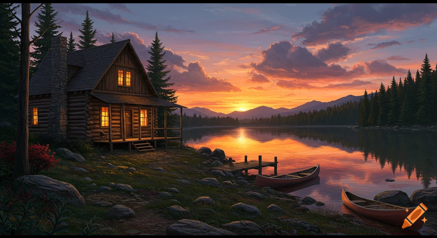 A rustic log cabin on a lakeshore at sunset, with warm light glowing from windows, surrounded by pine trees and distant mountains.