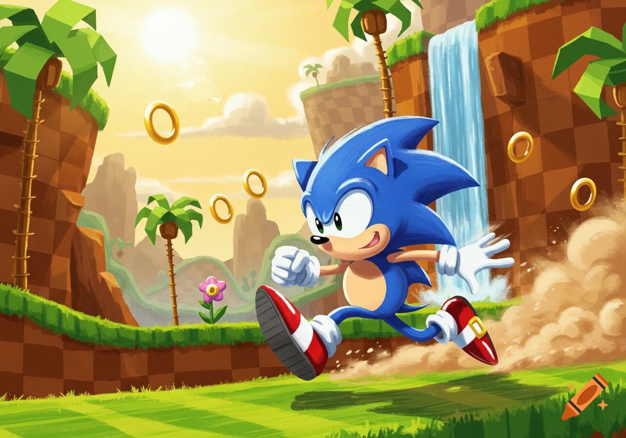 Sonic the Hedgehog runs through a vibrant green hilly landscape with palm trees, golden rings, and a waterfall under a bright sun.