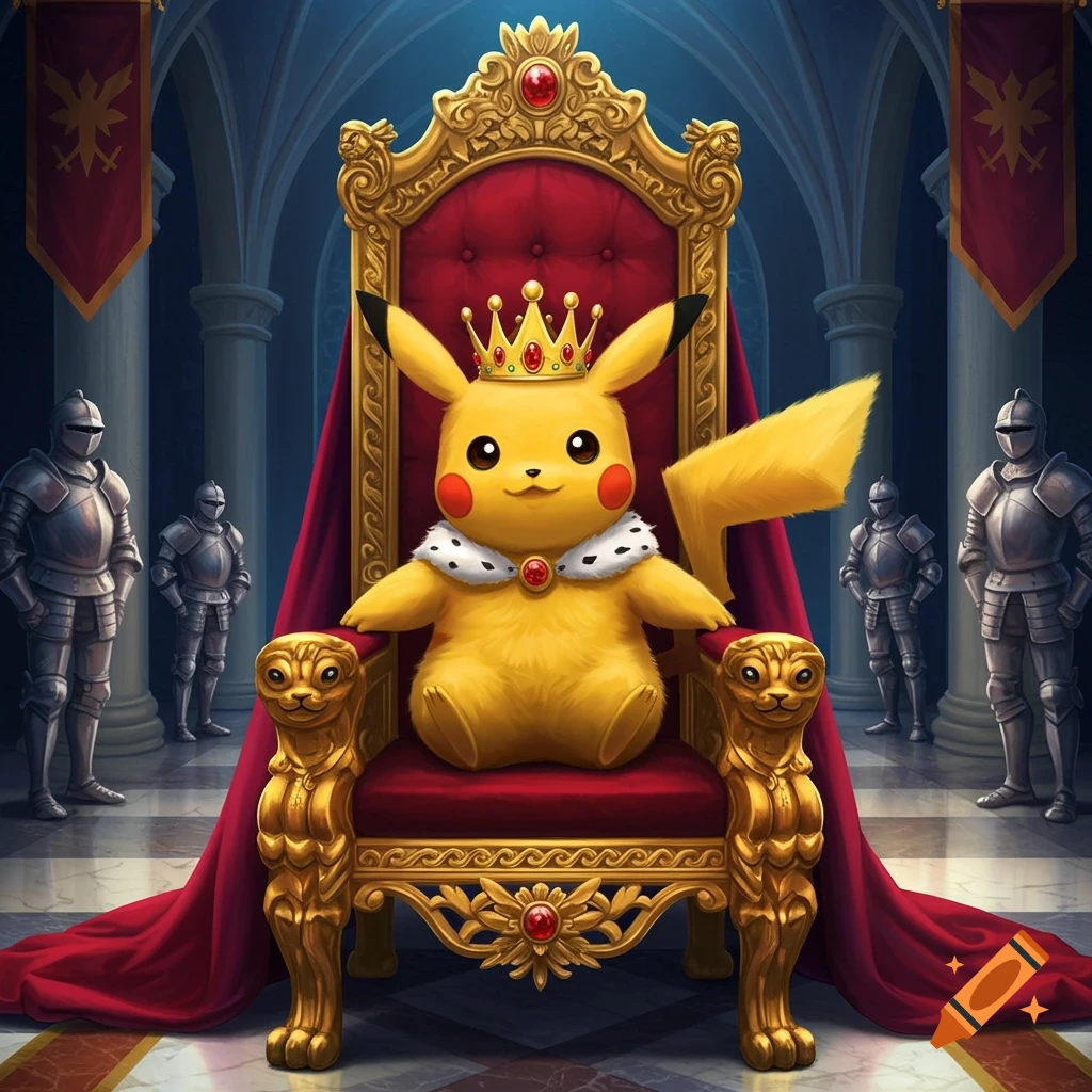 Pikachu wearing a crown and fur-trimmed cape sits on a golden throne in a castle hall with armored knights.