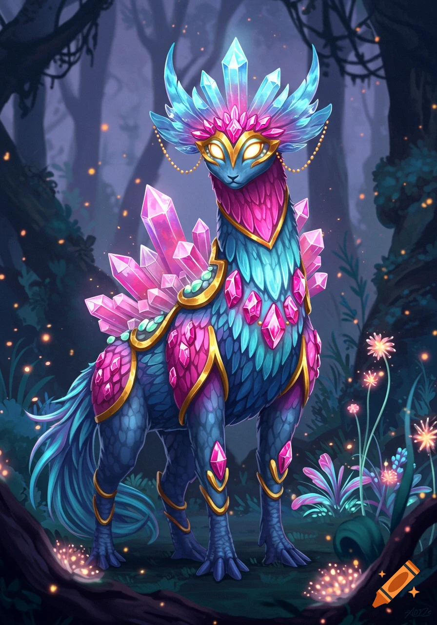 A vibrant, crystal-adorned mythical creature with pink and blue feathers stands in a mystical forest with glowing plants.