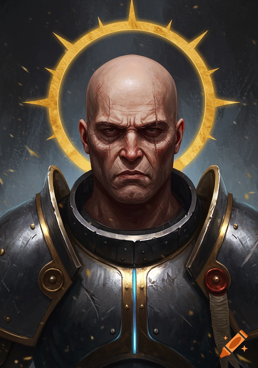 A stern, bald warrior with scars and intricate armor stands beneath a golden halo in a detailed portrait.