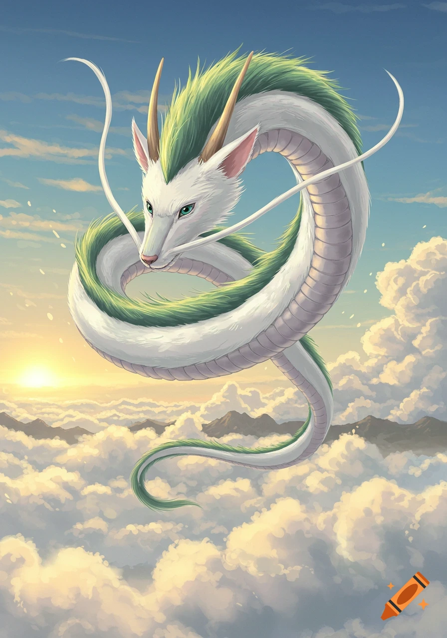 Haku, a white and green dragon, flies gracefully through a cloudy sky with a bright sunset.