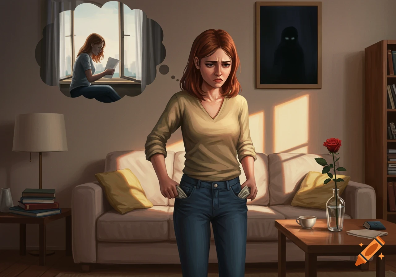A digital illustration of a frustrated woman in a living room, pulling out empty pockets, with a thought bubble of her reading a letter and a shadowy figure in a framed picture.