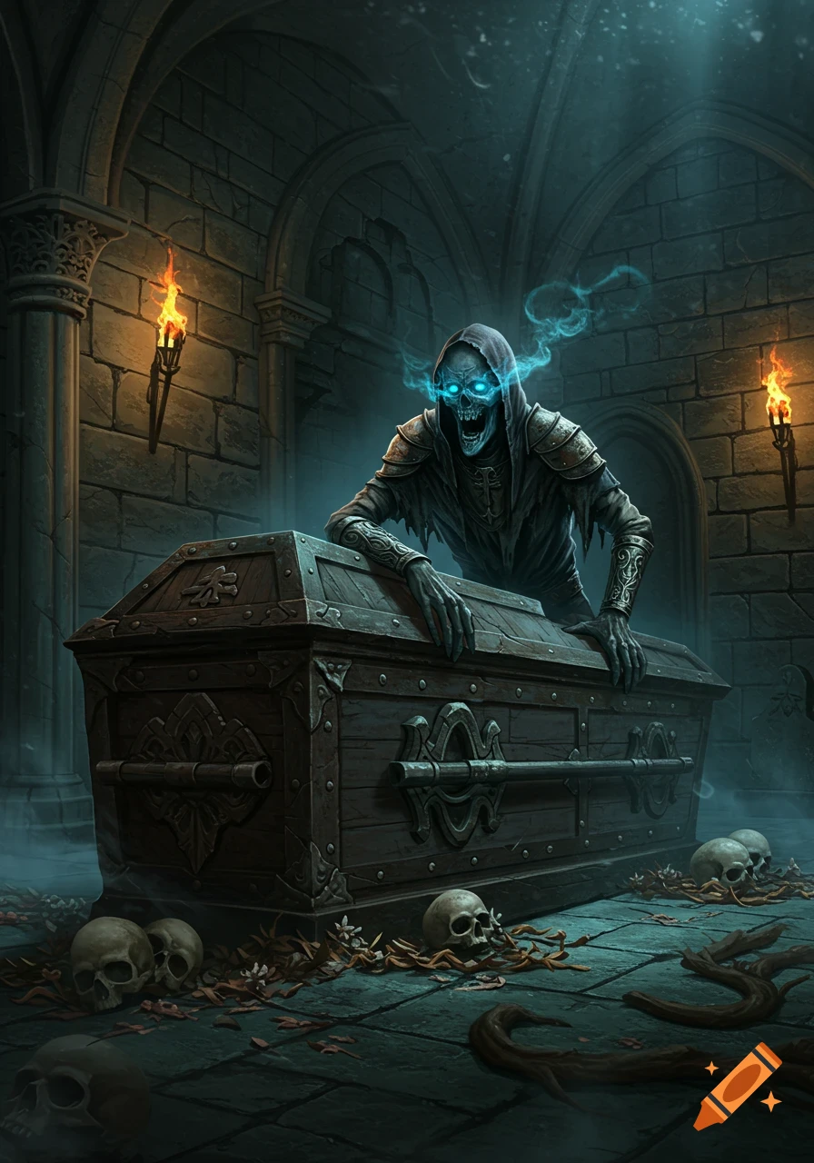 A skeletal crypt keeper with glowing blue eyes and smoke emerging from a coffin in a dark, torch-lit crypt with skulls on the floor.