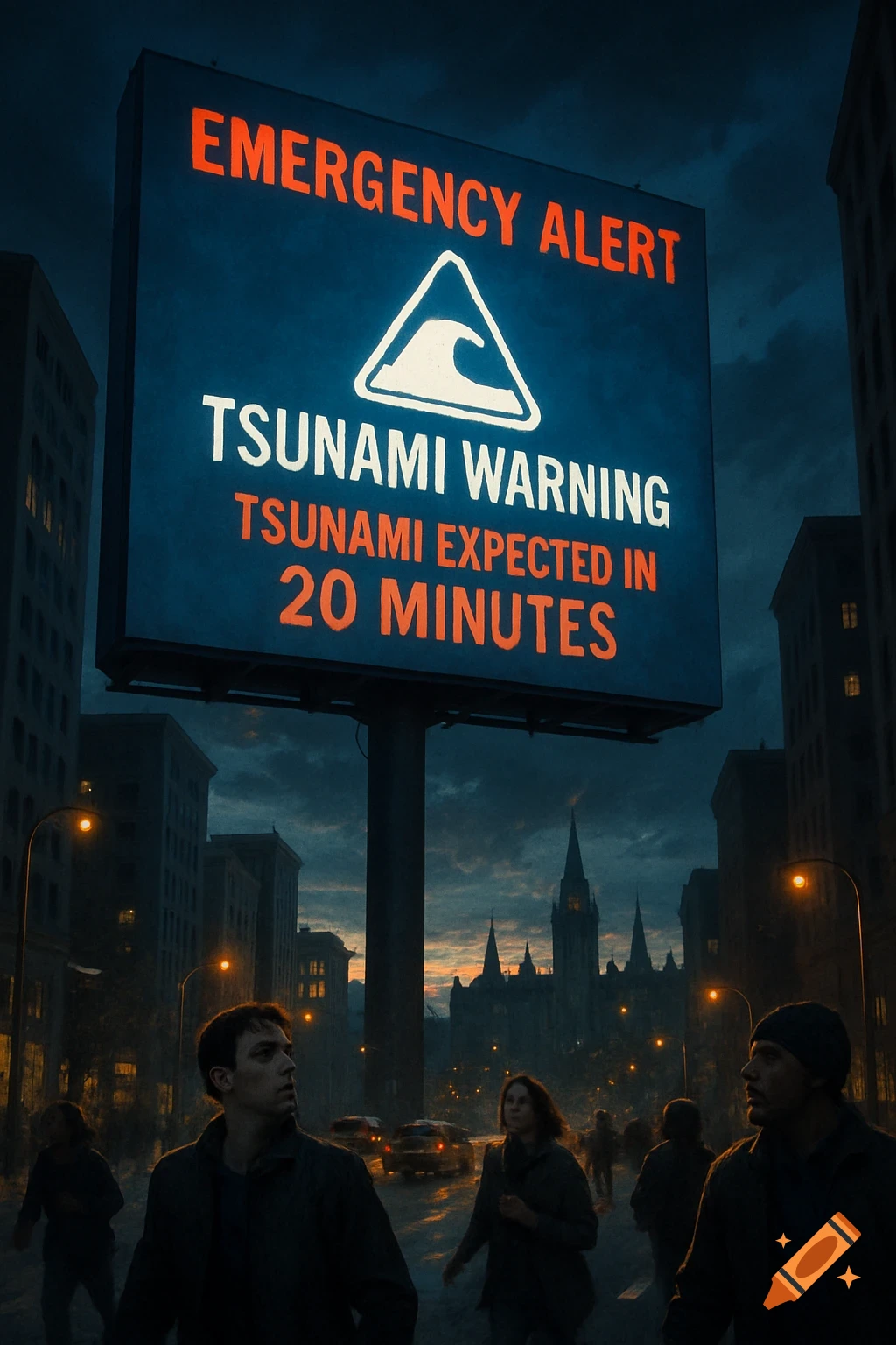 An emergency alert billboard warns of a tsunami expected in 20 minutes in a dark city street as people look up in concern.