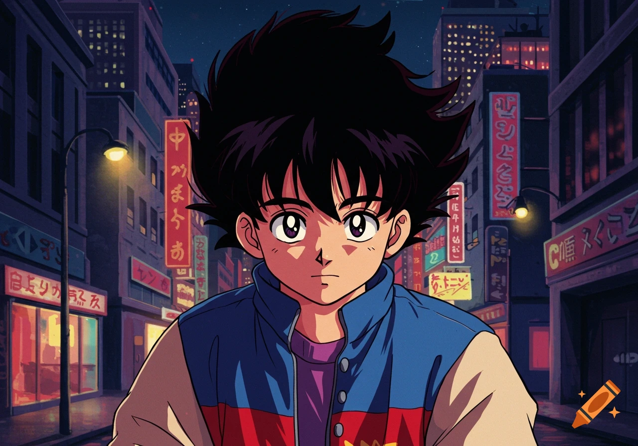 A 90s anime style character, a young person with spiky black hair, wears a blue, red, and beige jacket, standing in a nighttime city street with neon signs.