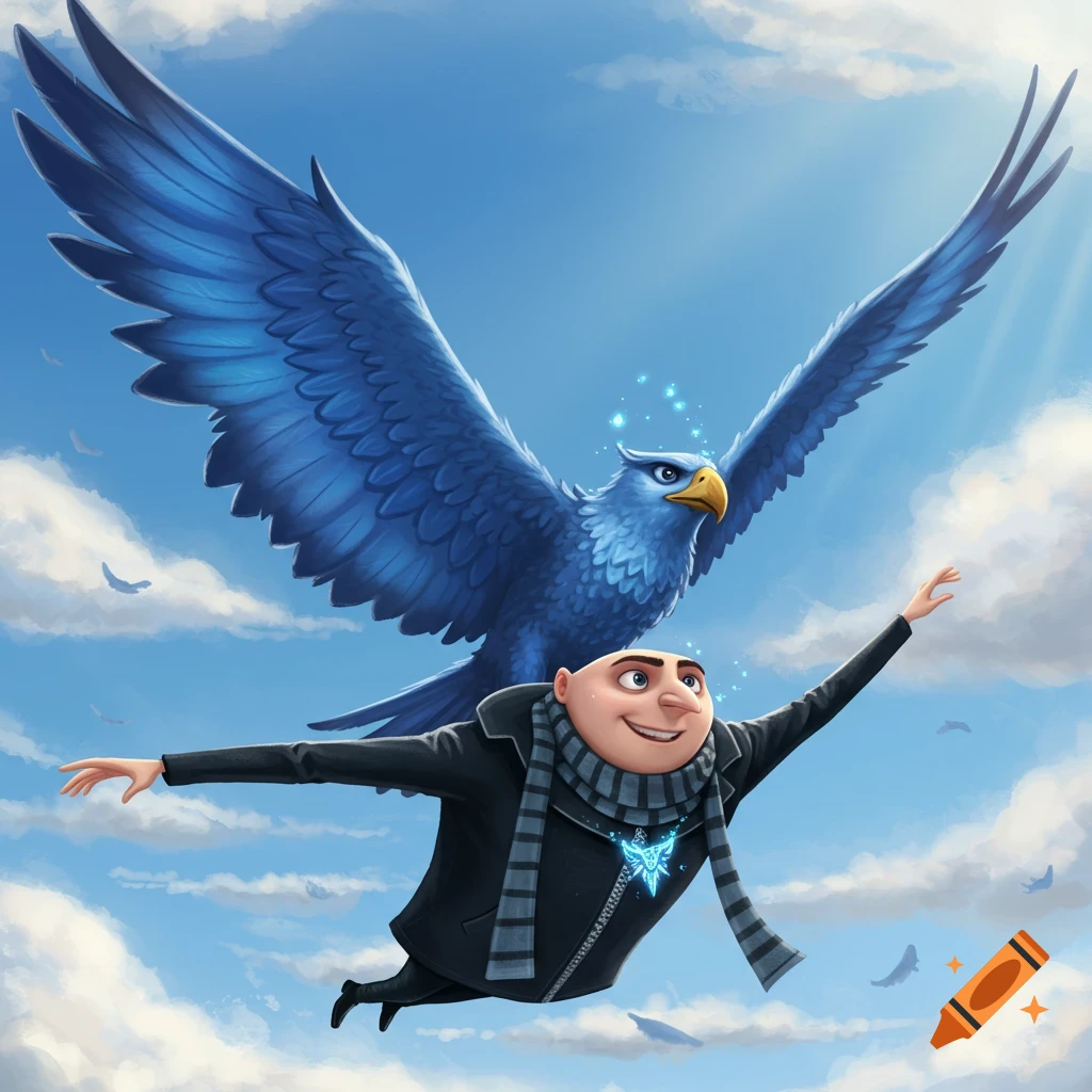 Cartoon character Gru flies through a blue sky with a large, majestic blue eagle with glowing accents.