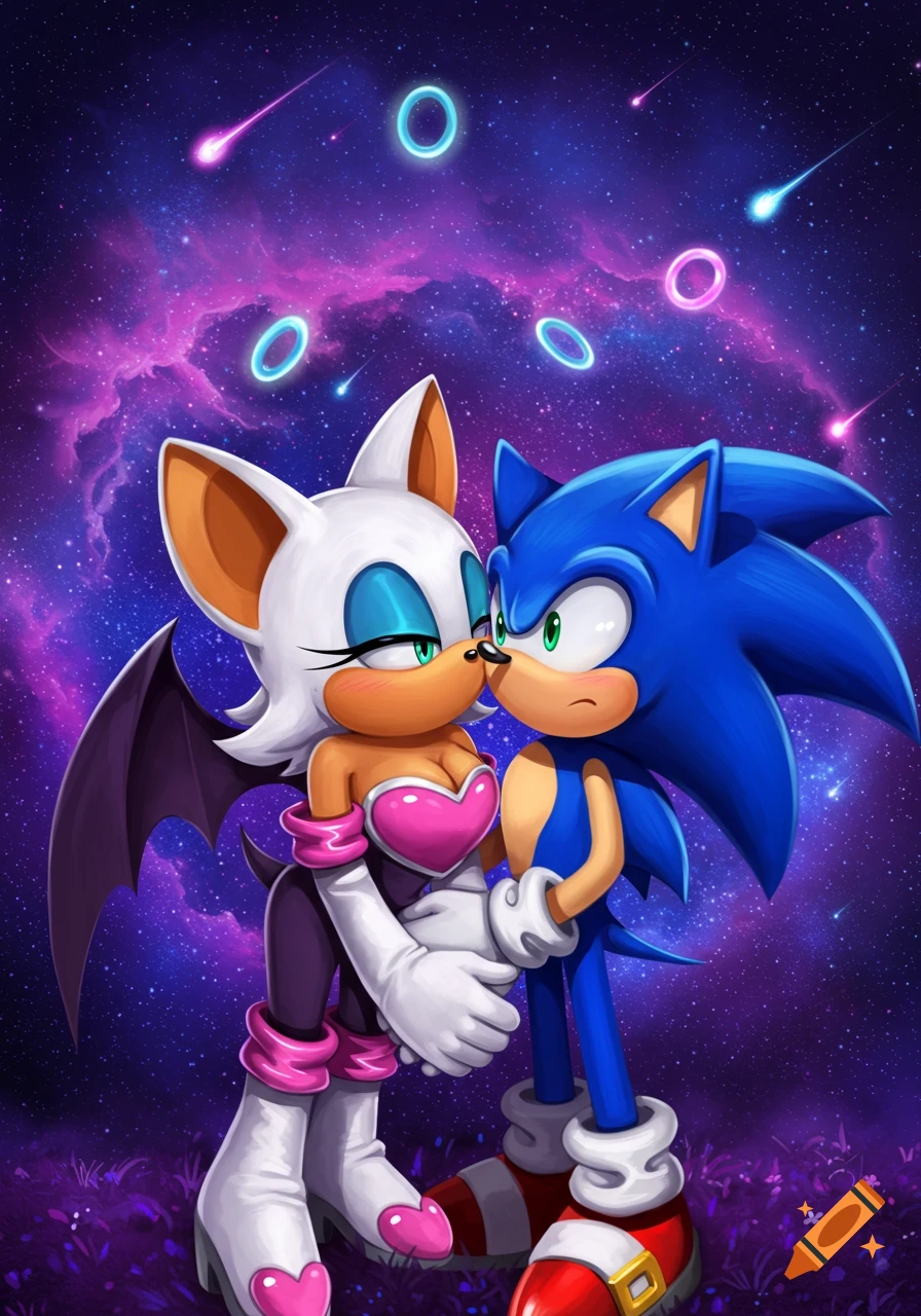 Rouge the Bat and Sonic the Hedgehog embracing under a vibrant purple galaxy sky with rings and shooting stars, about to kiss.