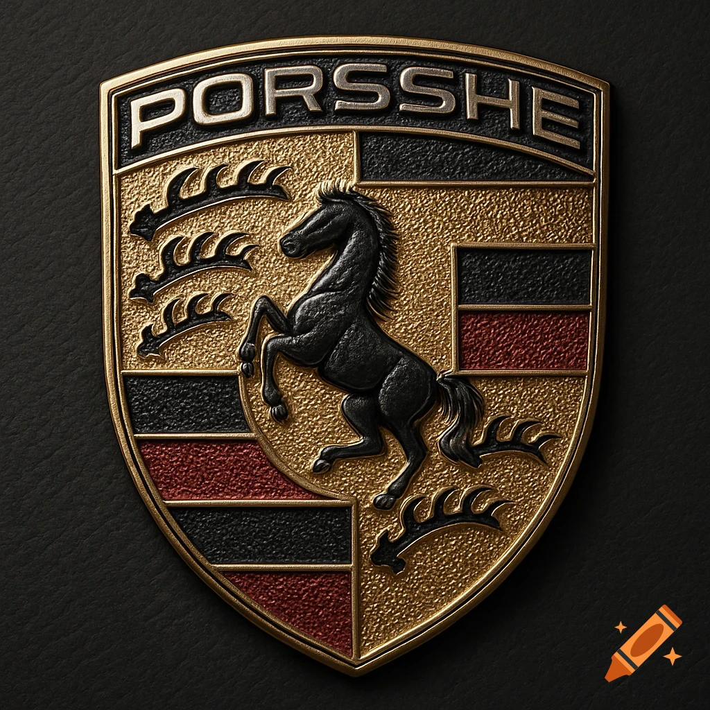 Close-up of a dark and gold Porsshe car logo with a rearing black horse at the center, against a dark textured background.