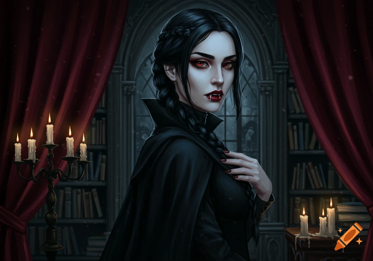 A gothic illustration of a pale woman with red eyes and fangs, wearing black, in a dimly lit room with red curtains and bookshelves.