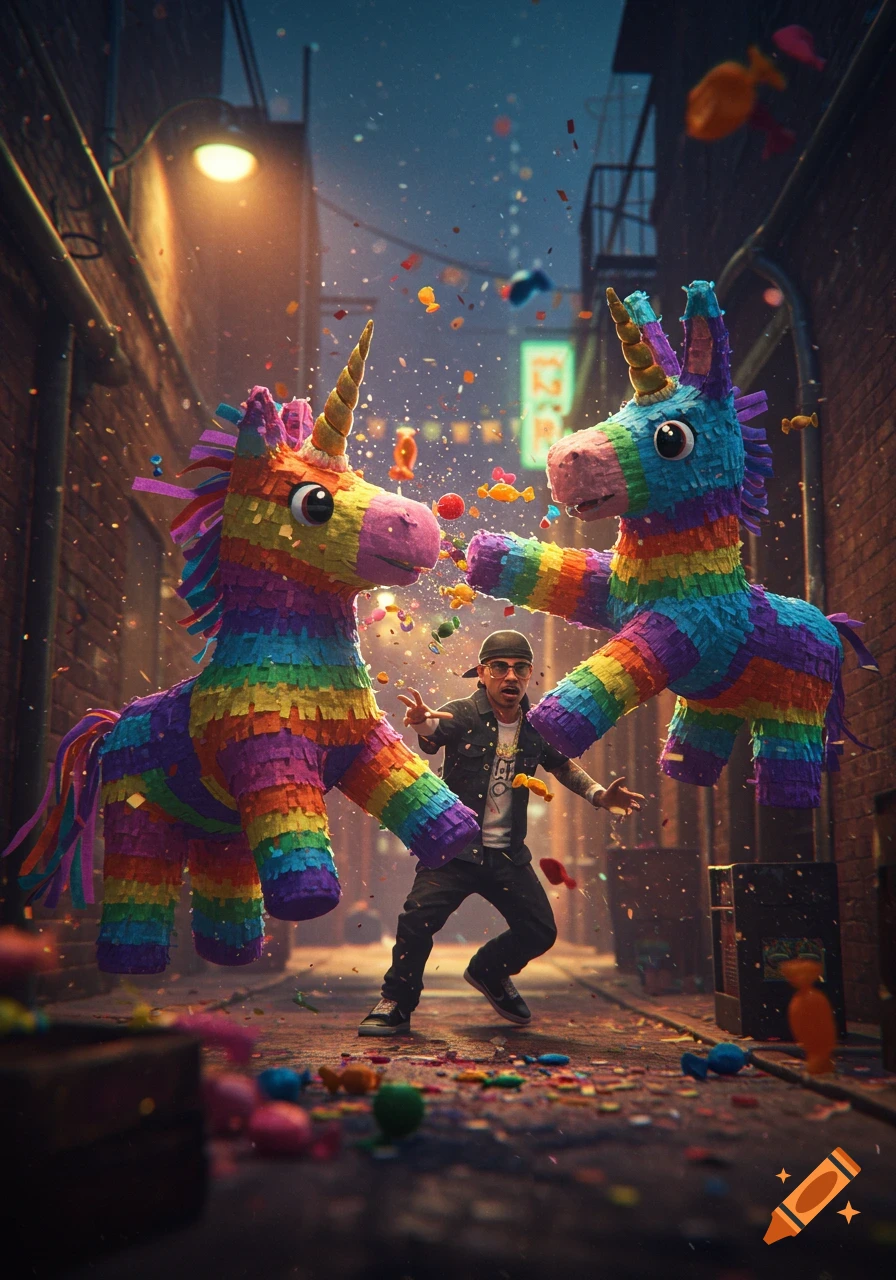 A man is caught between two large, colorful unicorn pinatas in a gritty alley, surrounded by candy and confetti, in a photorealistic style.
