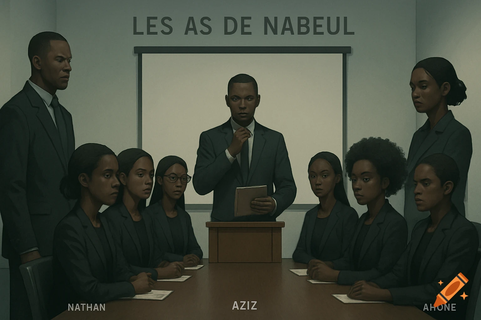 A group of dark-skinned individuals in suits gathered around a meeting table, one standing at a podium, in a formal meeting room. Names are visible below some individuals.