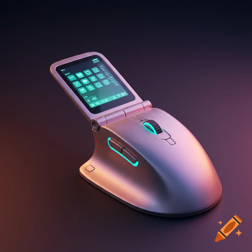 A futuristic metallic pink computer mouse with glowing blue accents that opens to reveal a green-lit screen with app icons.