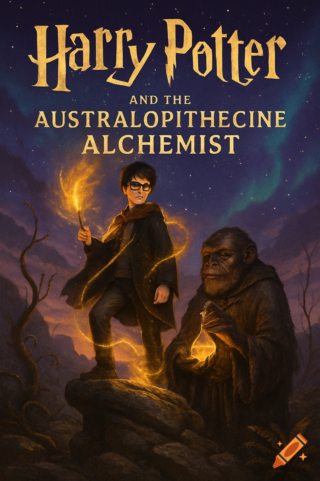 Book cover featuring Harry Potter with a glowing wand and an ape-like figure on a rocky landscape under a starry night sky.